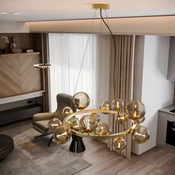 Lampada sospesa rotonda 82 cm in metallo oro con diffusori in vetro champagne