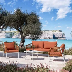 Set relax 5 posti in alluminio bianco con cuscini e dettagli in corda terracotta - Saffron