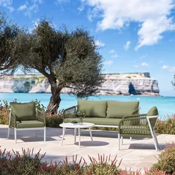 Set relax 5 posti in alluminio bianco con cuscini e dettagli in corda verde oliva - Saffron