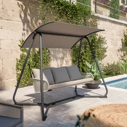 Dondolo da giardino 3 posti in acciaio antracite con cuscini beige e dettagli in corda - Topazio