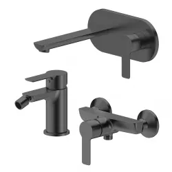 Set miscelatore lavabo a muro canna 20 cm con piastra e bidet con esterno doccia nero spazzolato – Key