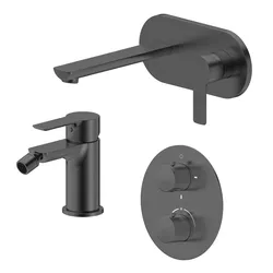 Set miscelatore lavabo a muro canna 20 cm con piastra e bidet con incasso doccia termostatico con deviatore nero spazzolato – Key