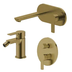 Set miscelatore lavabo a muro canna 20 cm con piastra e bidet con incasso doccia con deviatore oro spazzolato – Key