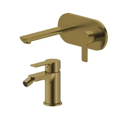Set miscelatore lavabo a muro canna 20 cm con piastra e bidet oro spazzolato – Key