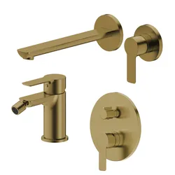 Set miscelatore lavabo a muro canna 25 cm e bidet con incasso doccia con deviatore oro spazzolato – Key