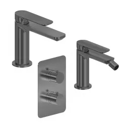 Set miscelatore lavabo e bidet con incasso doccia termostatico con deviatore nero spazzolato – Fusion