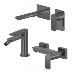 Set miscelatore lavabo a muro canna 20 e bidet con esterno doccia nero spazzolato – Fusion