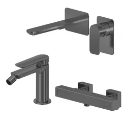 Set miscelatore lavabo a muro canna 20 e bidet con esterno doccia termostatico nero spazzolato – Fusion