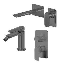 Set miscelatore lavabo a muro canna 20 e bidet con incasso doccia con deviatore nero spazzolato – Fusion
