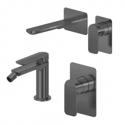 Set miscelatore lavabo a muro canna 20 e bidet con incasso doccia nero spazzolato – Fusion