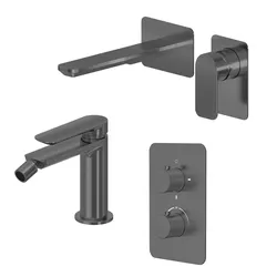 Set miscelatore lavabo a muro canna 20 e bidet con incasso doccia termostatico con deviatore nero spazzolato – Fusion
