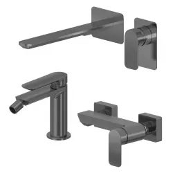 Set miscelatore lavabo a muro canna 25 e bidet con esterno doccia nero spazzolato – Fusion