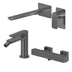 Set miscelatore lavabo a muro canna 25 e bidet con esterno doccia termostatico nero spazzolato – Fusion