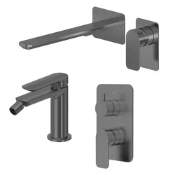 Set miscelatore lavabo a muro canna 25 e bidet con incasso doccia con deviatore nero spazzolato – Fusion
