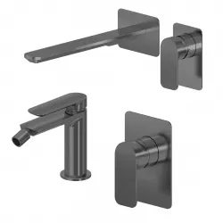 Set miscelatore lavabo a muro canna 25 e bidet con incasso doccia nero spazzolato – Fusion
