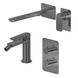Set miscelatore lavabo a muro canna 25 e bidet con incasso doccia termostatico con deviatore nero spazzolato – Fusion