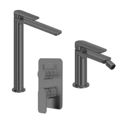 Set miscelatore lavabo alto e bidet con incasso doccia con deviatore nero spazzolato – Fusion