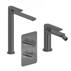 Set miscelatore lavabo alto e bidet con incasso doccia termostatico con deviatore nero spazzolato – Fusion
