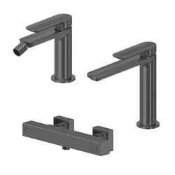 Set miscelatore lavabo bocca lunga e bidet con esterno doccia termostatico nero spazzolato – Fusion