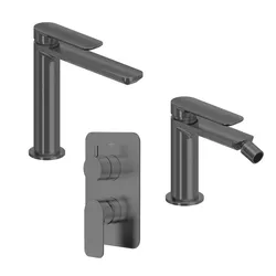 Set miscelatore lavabo bocca lunga e bidet con incasso doccia con deviatore nero spazzolato – Fusion