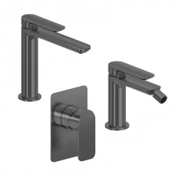 Set miscelatore lavabo bocca lunga e bidet con incasso doccia nero spazzolato – Fusion
