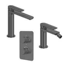 Set miscelatore lavabo bocca lunga e bidet con incasso doccia termostatico con deviatore nero spazzolato – Fusion