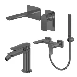 Set miscelatore lavabo a muro canna 20 e bidet con esterno vasca nero spazzolato – Fusion