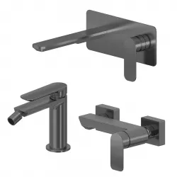 Set miscelatore lavabo a muro canna 20 con piastra e bidet con esterno doccia nero spazzolato – Fusion