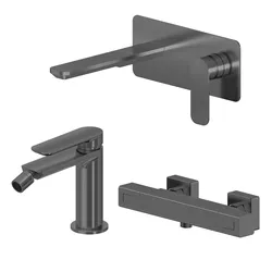 Set miscelatore lavabo a muro canna 20 con piastra e bidet con esterno doccia termostatico nero spazzolato – Fusion
