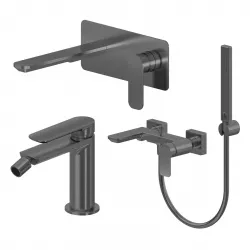 Set miscelatore lavabo a muro canna 20 con piastra e bidet con esterno vasca nero spazzolato – Fusion