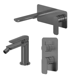 Set miscelatore lavabo a muro canna 20 con piastra e bidet con incasso doccia con deviatore nero spazzolato – Fusion