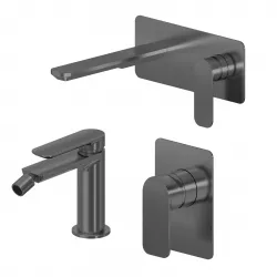 Set miscelatore lavabo a muro canna 20 con piastra e bidet con incasso doccia nero spazzolato – Fusion