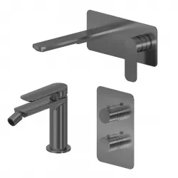Set miscelatore lavabo a muro canna 20 con piastra e bidet con incasso doccia termostatico con deviatore nero spazzolato – Fusion