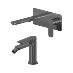 Set miscelatore lavabo a muro canna 20 con piastra e bidet nero spazzolato – Fusion