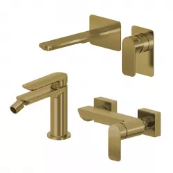 Set miscelatore lavabo a muro canna 20 e bidet con esterno doccia oro spazzolato – Fusion