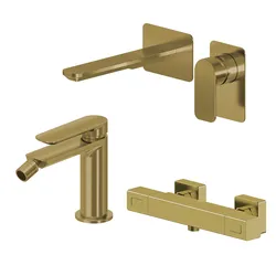 Set miscelatore lavabo a muro canna 20 e bidet con esterno doccia termostatico oro spazzolato – Fusion