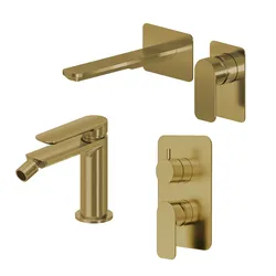 Set miscelatore lavabo a muro canna 20 e bidet con incasso doccia con deviatore oro spazzolato – Fusion