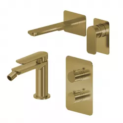 Set miscelatore lavabo a muro canna 20 e bidet con incasso doccia termostatico con deviatore oro spazzolato – Fusion