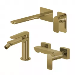 Set miscelatore lavabo a muro canna 25 e bidet con esterno doccia oro spazzolato – Fusion