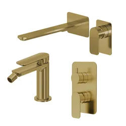 Set miscelatore lavabo a muro canna 25 e bidet con incasso doccia con deviatore oro spazzolato – Fusion