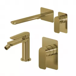Set miscelatore lavabo a muro canna 25 e bidet con incasso doccia oro spazzolato – Fusion