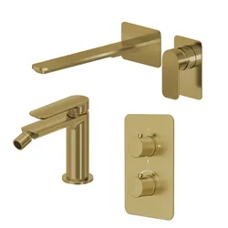 Set miscelatore lavabo a muro canna 25 e bidet con incasso doccia termostatico con deviatore oro spazzolato – Fusion
