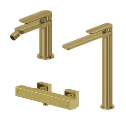 Set miscelatore lavabo alto e bidet con esterno doccia termostatico oro spazzolato – Fusion