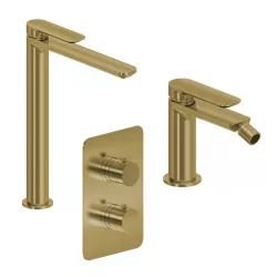 Set miscelatore lavabo alto e bidet con incasso doccia termostatico con deviatore oro spazzolato – Fusion
