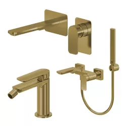Set miscelatore lavabo a muro canna 20 e bidet con esterno vasca oro spazzolato – Fusion