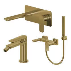 Set miscelatore lavabo a muro canna 20 con piastra e bidet con esterno vasca oro spazzolato – Fusion