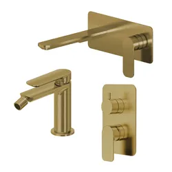 Set miscelatore lavabo a muro canna 20 con piastra e bidet con incasso doccia con deviatore oro spazzolato – Fusion