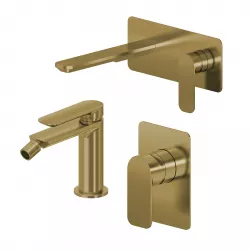 Set miscelatore lavabo a muro canna 20 con piastra e bidet con incasso doccia oro spazzolato – Fusion