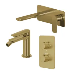 Set miscelatore lavabo a muro canna 20 con piastra e bidet con incasso doccia termostatico con deviatore oro spazzolato – Fusion