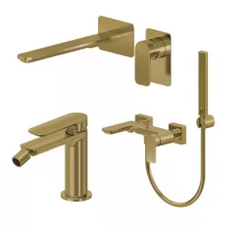 Set miscelatore lavabo a muro canna 25 e bidet con esterno vasca oro spazzolato – Fusion